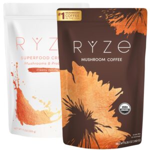 RYZE SUPERFOODS RYZE n Shine Bundle, USDA Organic Mushroom Coffee + Probiotic Coffee Creamer with 6 Adaptogenic Mushrooms and MCT Oil or Better Energy, Focus, Digestion, Immunity, 30 + 30 servings